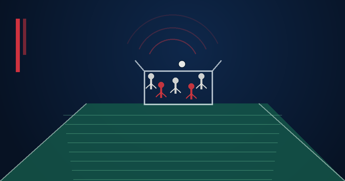 Abstract football set-piece scene with players contesting a corner in a modern stadium, framed by restrained red data arcs and dark blue sports-technology lighting.