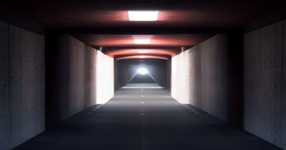 A dark football training tunnel with red and blue light converging toward a bright opening, representing the pathway from youth academy development to elite competition.