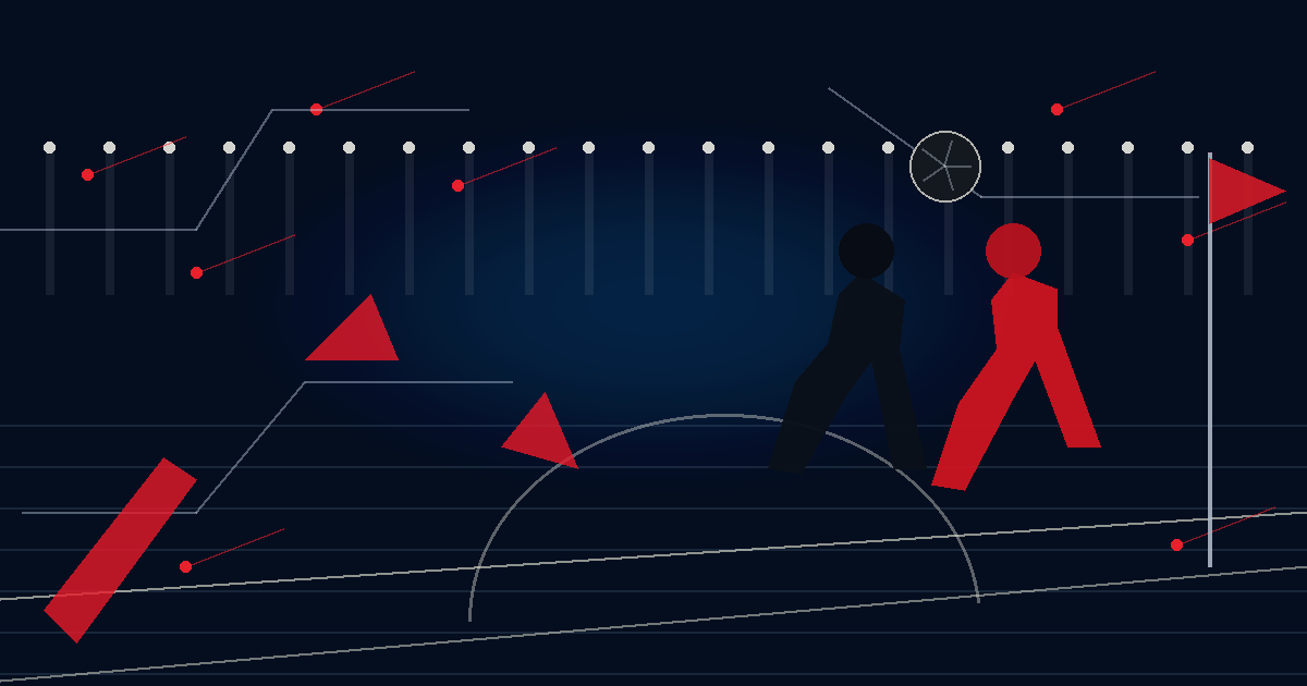 Text-free editorial illustration of a football set piece under stadium lights, with abstract players, a ball, pitch lines and red data accents.