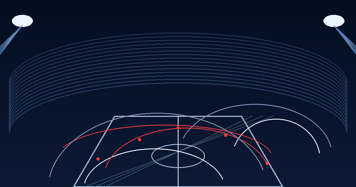 Abstract stadium scene with a football pitch, red tracking points and curved data lines representing Premier League opening-weekend match analysis.